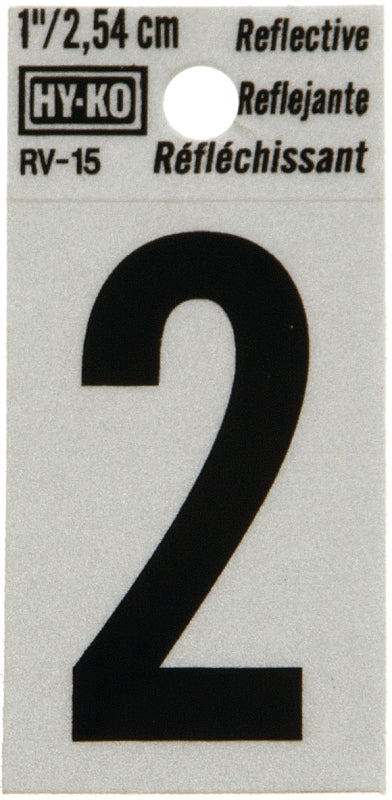 Hy-Ko RV-15 Series RV-15/2 Self-Adhesive Reflective Number, Character: 2, 1 in H Character, Black Character, Vinyl, Pack of 10