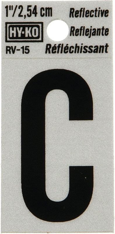 Hy-Ko RV-15 Series RV-15/C Self-Adhesive Reflective Letter, Character: C, 1 in H Character, Black Character, Vinyl, Pack of 10