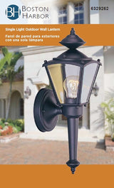 Boston Harbor 4003H-53L Outdoor Wall Lantern, 120 V, 60 W, A19 or CFL Lamp, Steel Fixture, Black, Black Fixture