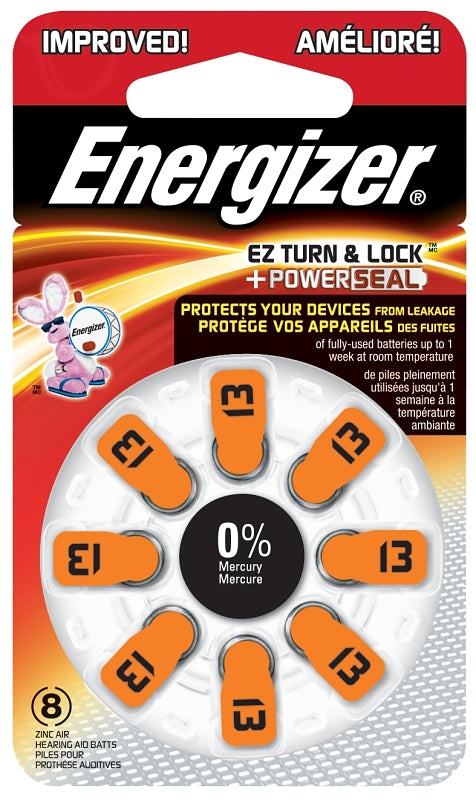 Energizer 13 Series AZ13DP-8 Non-Rechargeable Hearing Aid Battery, 1.4 V Battery, 242 mAh, Zinc-Air