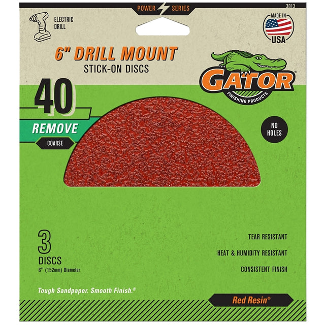 Gator 3013 Sanding Disc, 6 in Dia, 40 Grit, Extra Coarse, Aluminum Oxide Abrasive, Paper Backing