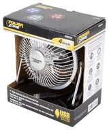 PowerZone FE-20 Personal Fan, 120 VAC, 4 in Dia Blade, 4-Blade, 1-Speed, 360 deg Rotating, Blue/Red/Silver