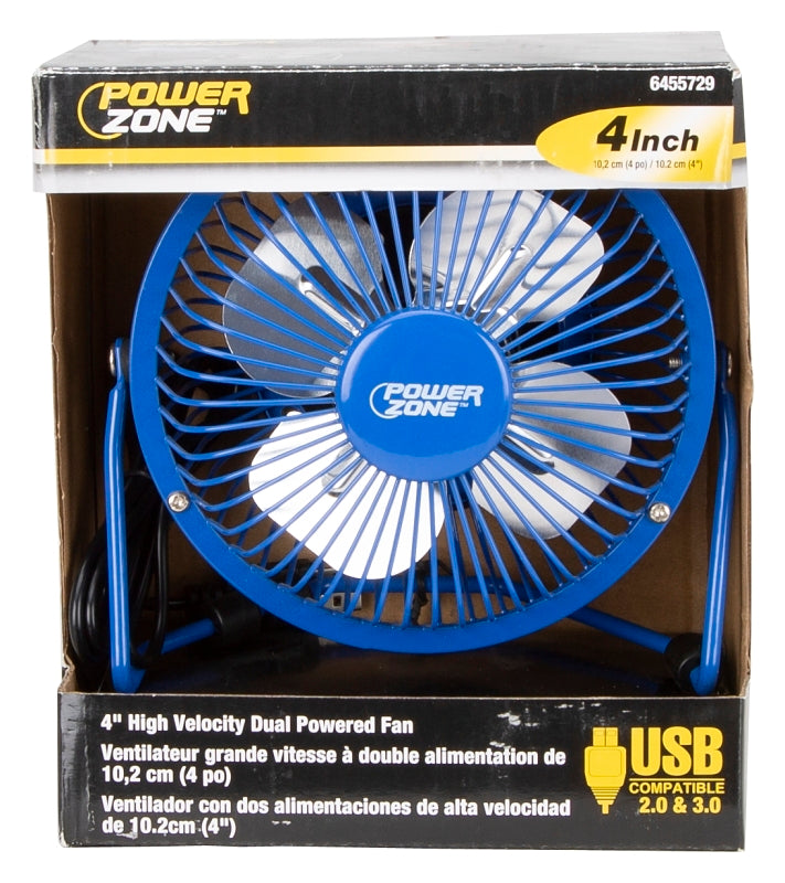 PowerZone FE-20 Personal Fan, 120 VAC, 4 in Dia Blade, 4-Blade, 1-Speed, 360 deg Rotating, Blue/Red/Silver