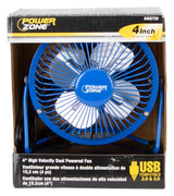 PowerZone FE-20 Personal Fan, 120 VAC, 4 in Dia Blade, 4-Blade, 1-Speed, 360 deg Rotating, Blue/Red/Silver