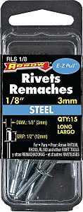 Arrow RLS1/8 Pop Rivet, Long, 1/2 in Grip, 1/2 in L, Steel, 15/PK