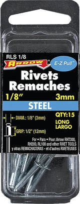 Arrow RLS1/8 Pop Rivet, Long, 1/2 in Grip, 1/2 in L, Steel, 15/PK