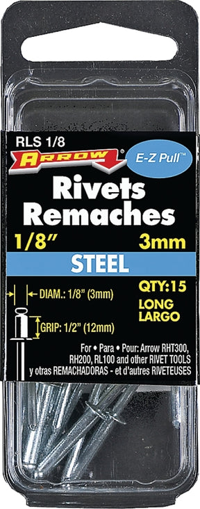 Arrow RLS1/8 Pop Rivet, Long, 1/2 in Grip, 1/2 in L, Steel, 15/PK