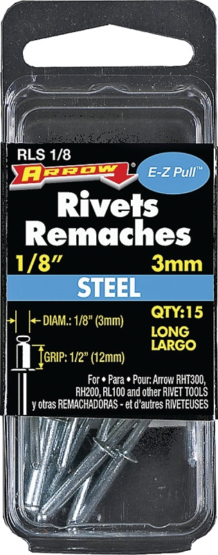Arrow RLS1/8 Pop Rivet, Long, 1/2 in Grip, 1/2 in L, Steel, 15/PK