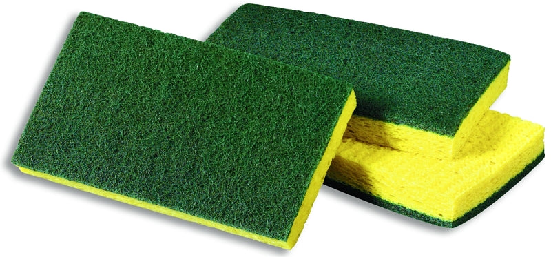 Scotch-Brite 74 Scrub Sponge, 6.1 in L, 3.6 in W, 0.7 in Thick, Cellulose/Fiber/Resin, Green/Yellow, Pack of 20
