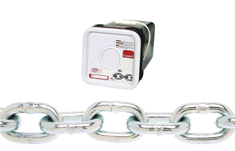 Campbell 0143436 Proof Coil Chain, 1/4 in, 100 ft L, 30 Grade, Steel, Galvanized
