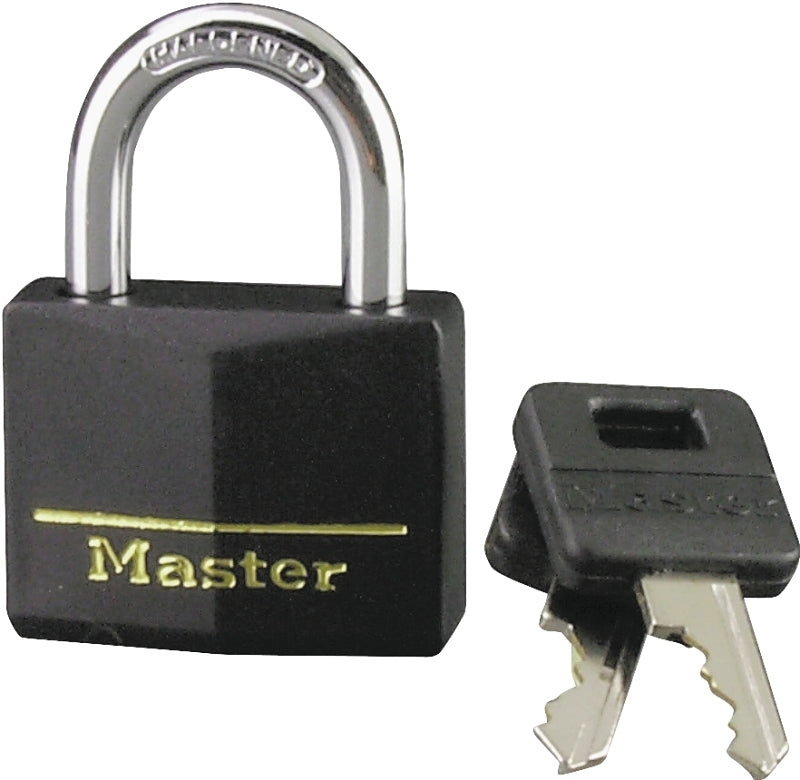 Master Lock 141D Padlock, 1-9/16 in W Body, Keyed Different Key, 1/4 in Dia Shackle, Steel Shackle, Brass Body, Black