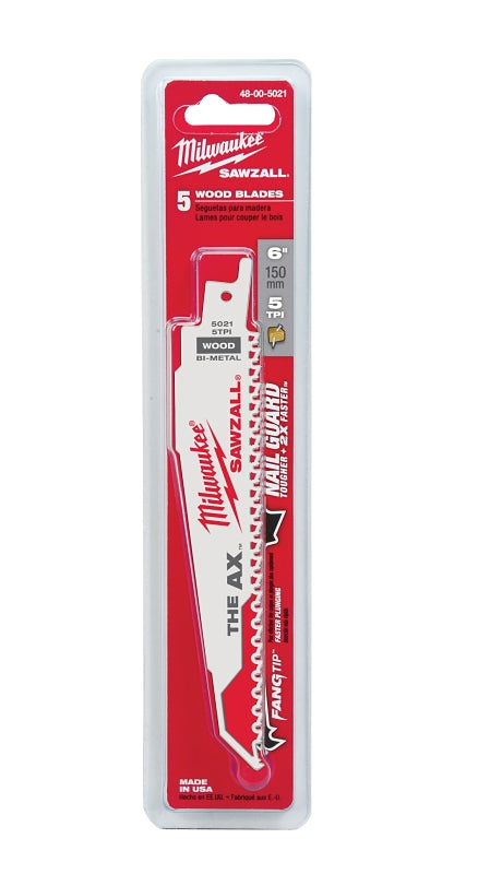 Milwaukee THE AX SAWZALL 48-00-5021 Reciprocating Saw Blade, 1 in W, 6 in L, 5 TPI, Bi-Metal Cutting Edge