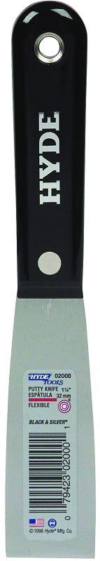 Hyde Black & Silver 02000 Putty Knife, 1-1/4 in W Blade, HCS Blade, Nylon Handle, Interlock/Tapered Handle