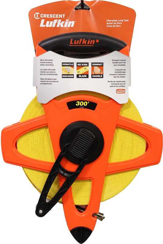 Crescent Lufkin FE300 Tape Measure, 300 ft L Blade, 1/2 in W Blade, Fiberglass Blade, ABS Case, Orange Case