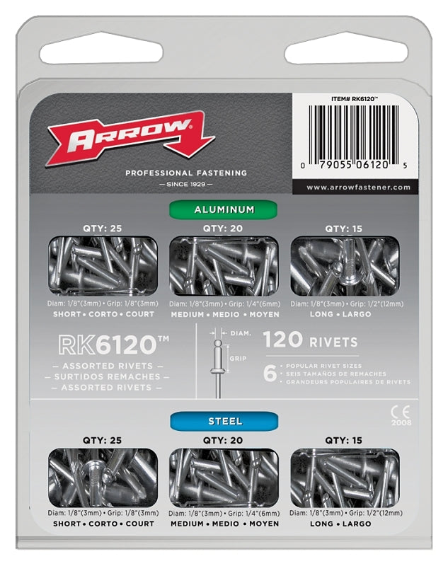 Arrow RK6120 Pop Rivet Assortment Pack, 1/8 to 1/2 in L, Aluminum/Steel