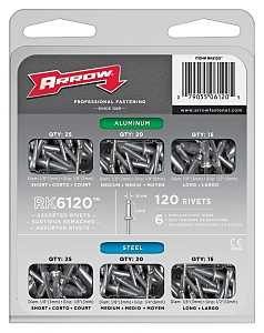 Arrow RK6120 Pop Rivet Assortment Pack, 1/8 to 1/2 in L, Aluminum/Steel