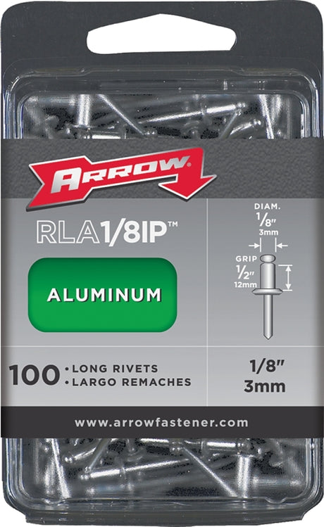 Arrow RLA1/8IP Pop Rivet, Long, 1/2 in Grip, 1/2 in L, Aluminum, 100/PK