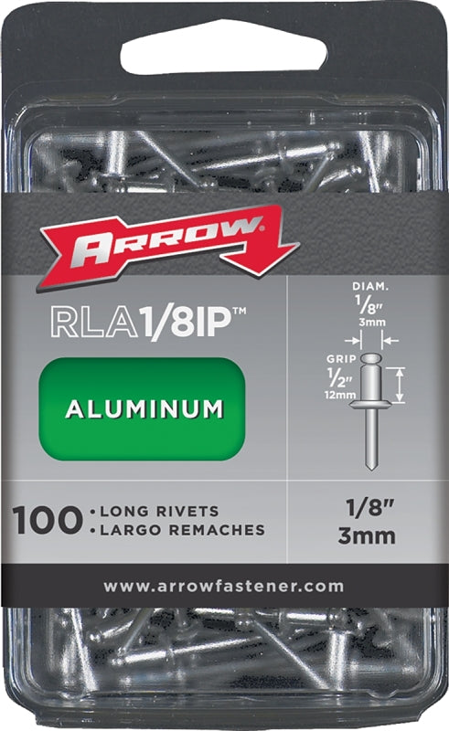 Arrow RLA1/8IP Pop Rivet, Long, 1/2 in Grip, 1/2 in L, Aluminum, 100/PK