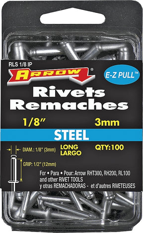 Arrow RLS1/8IP Pop Rivet, Long, 1/2 in Grip, 1/2 in L, Steel, 100/PK