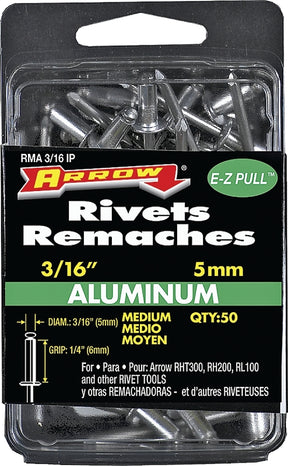 Arrow RMA3/16IP Pop Rivet, Medium, 1/4 in Grip, 1/4 in L, Aluminum, Gray, 50/PK
