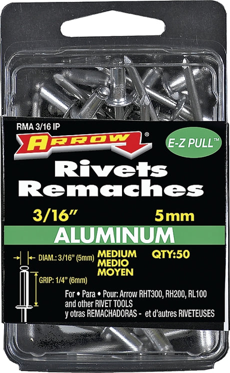 Arrow RMA3/16IP Pop Rivet, Medium, 1/4 in Grip, 1/4 in L, Aluminum, Gray, 50/PK