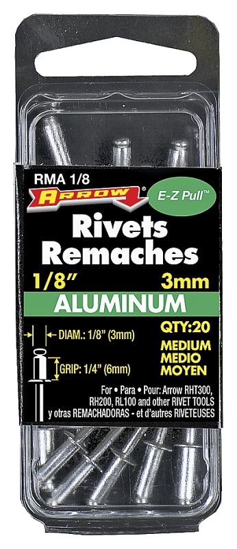 Arrow RMA1/8 Pop Rivet, Medium, 1/4 in Grip, 1/4 in L, Aluminum, Silver, 20/PK