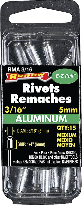 Arrow RMA3/16 Pop Rivet, Medium, 1/4 in Grip, 1/4 in L, Aluminum, 15/PK