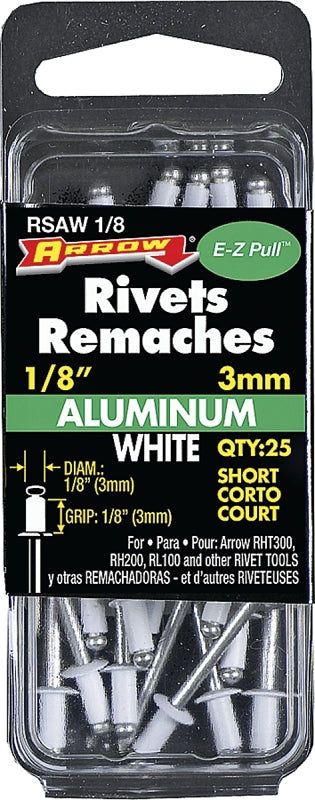 Arrow RSAW1/8 Pop Rivet, Short, 1/8 in Grip, 1/8 in L, Aluminum, White, 25/PK