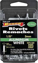 Arrow RSAW1/8IP Pop Rivet, Short, 1/8 in Grip, 1/8 in L, Aluminum, White, 100/PK