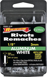 Arrow RSAW1/8IP Pop Rivet, Short, 1/8 in Grip, 1/8 in L, Aluminum, White, 100/PK