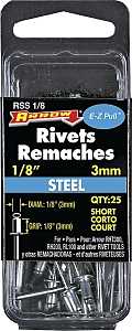 Arrow RSS1/8 Pop Rivet, Short, 1/8 in Grip, 1/8 in L, Steel, 25/PK
