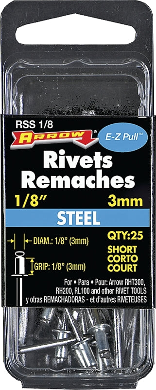 Arrow RSS1/8 Pop Rivet, Short, 1/8 in Grip, 1/8 in L, Steel, 25/PK
