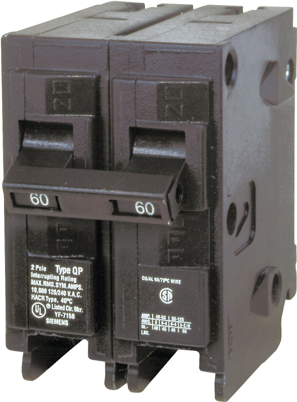 Siemens Q260 Circuit Breaker, Mini, 60 A, 2-Pole, 120/240 V, Fixed Trip, Plug Mounting