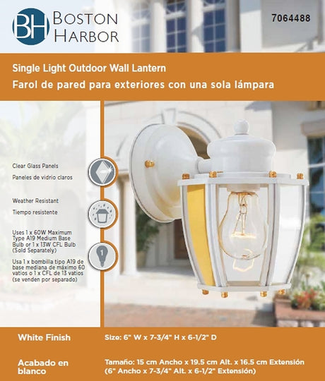 Boston Harbor HV-66961-WH Outdoor Wall Lantern, 120 V, 60 W, Steel Fixture, White Fixture