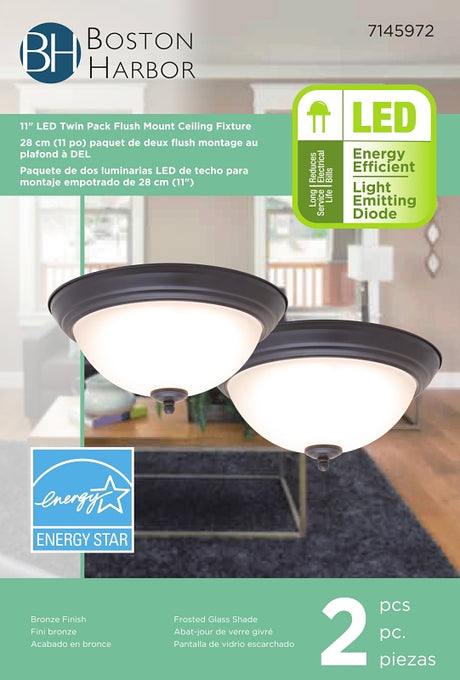 Boston Harbor 4200-LED- BR Flush Mount Ceiling Fixture, 120 V, 15 W, 2-Lamp, LED Lamp, 1100 Lumens, Bronze Fixture