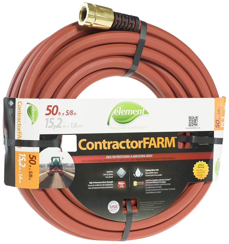 Element ContractorFARM CELCF58050 Heavy-Duty Water Hose, 5/8 in, 50 ft L, Female, Rubber, Red