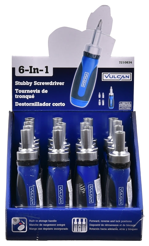 Vulcan 900063 Screwdriver Ratchet, #0, #1, #2, 3/16 in, 1/4 in Drive, Philips, Slotted Drive, 4-1/2 in OAL, Magnetic, Pack of 16