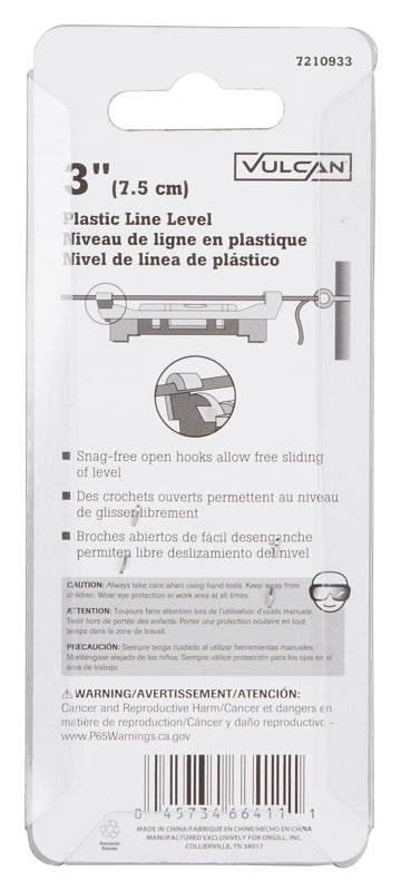 Vulcan LM001 Level Line, 3 in L, 1-Vial, Non-Magnetic, Plastic, Blue