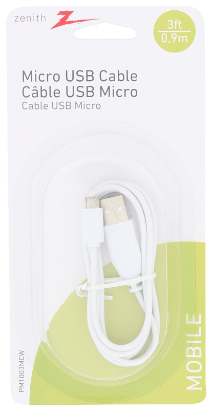 Zenith PM1003MCW Micro USB Cable, White Sheath, 3 ft L, Pack of 4