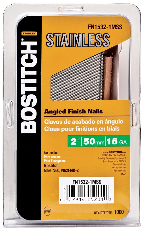 Bostitch FN1532-1MSS Finish Nail, 2 in L, 15 ga Gauge, Stainless Steel