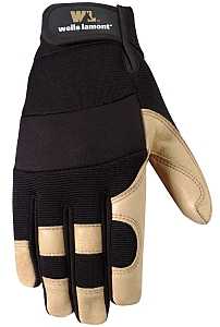Wells Lamont 3214-XL Adjustable Work Gloves, Men's, XL, Reinforced Thumb, Spandex Back, Black/Brown/Tan