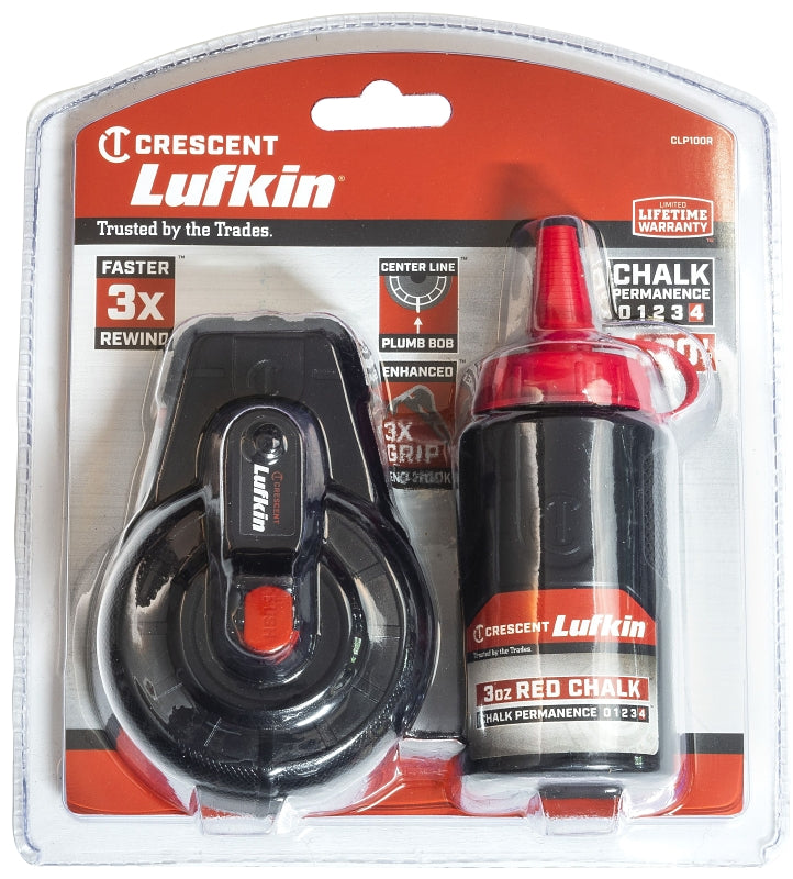Crescent Lufkin CLP100R Chalk Reel, 3 oz Chalk Capacity, 100 ft L Line, Gear Rewind, 3:1 Gear Ratio, Red