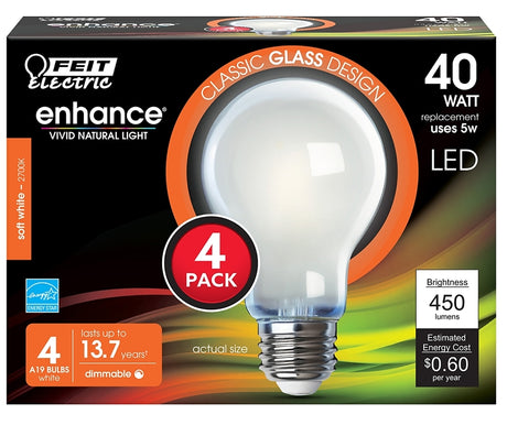 Feit Electric A1940/927CA/FIL/4 LED Bulb, General-Purpose, A19 Lamp, 40 W Equivalent, E26 Medium Lamp Base, Dimmable, Pack of 6