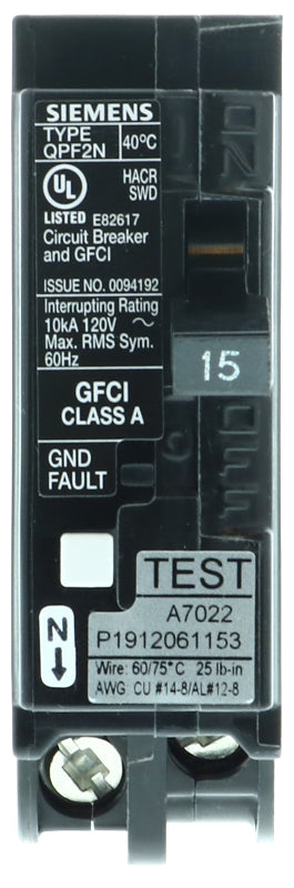 Siemens QF115AN Circuit Breaker, GFCI, Low Voltage, 15 A, 1-Pole, 120 V, Plug Mounting