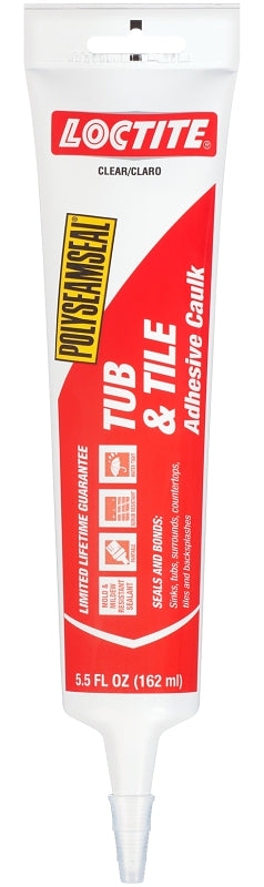 Loctite 2138419 Tub and Tile Adhesive Caulk, Clear, 1 to 14 days Curing, 20 to 170 deg F, 5.5 oz Tube