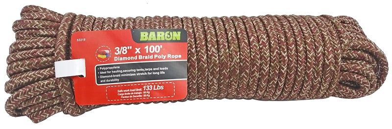Baron 52219 Rope, 3/8 in Dia, 100 ft L, 133 lb Working Load, Polypropylene, Camouflage
