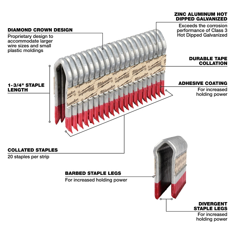 Milwaukee MPU134-960 Series Staple, 1-3/4 in L, Galvanized, 3/4 in W Crown, 9 ga Gauge, Aluminum/Zinc, 960/PK
