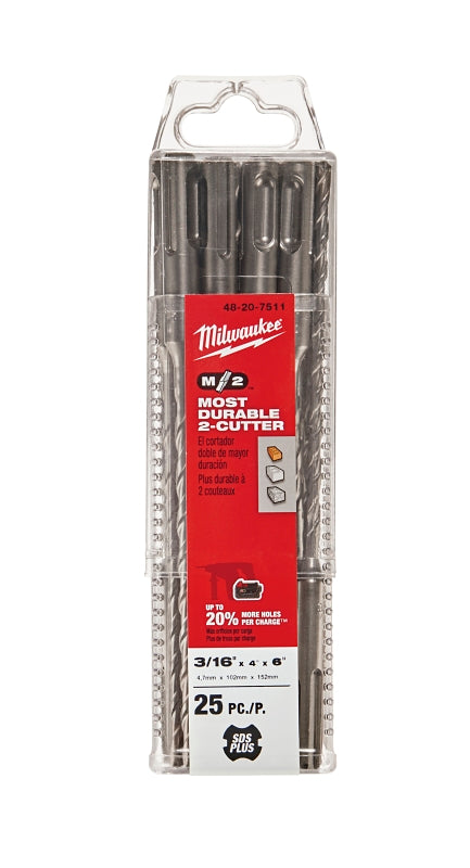 Milwaukee M2 48-20-7511 Drill Bit, 3/16 in Dia, 6 in OAL, Spiral Flute, 4-Flute, SDS Shank