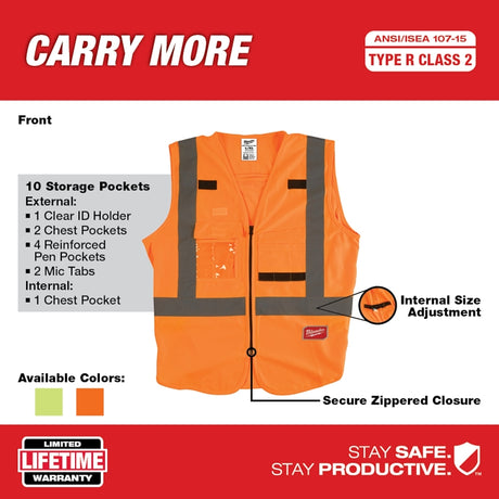 Milwaukee 48-73-5032 Safety Vest, L/XL, Men's, Fits to Chest Size: 42 to 46 in, Polyester, High-Visibility Orange