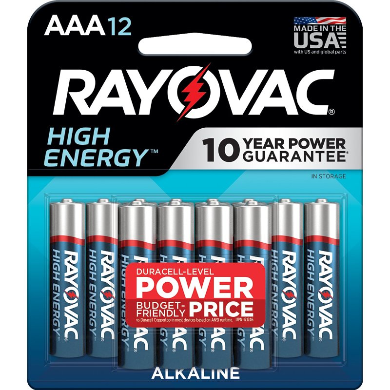Rayovac 824-12K Battery, 1.5 V Battery, AAA Battery, Alkaline, Rechargeable: No, 12/PK